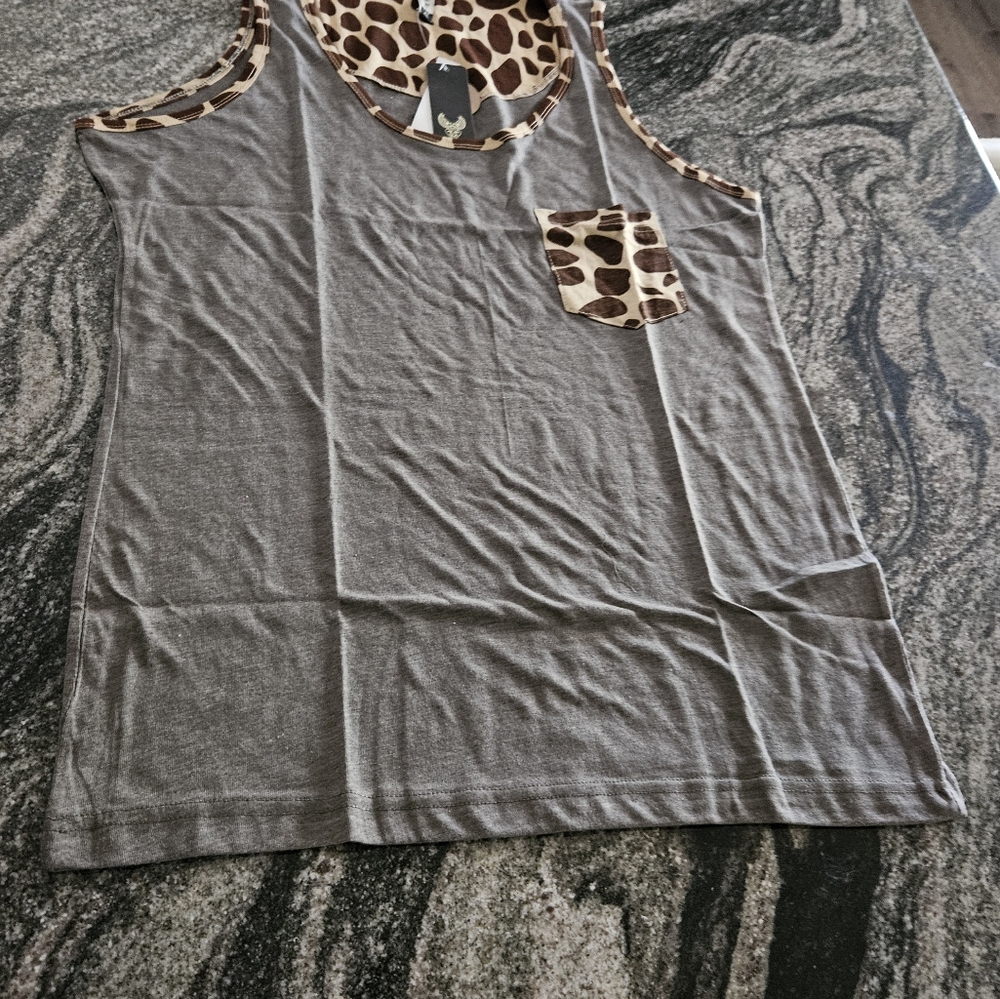 Gray Muscle Tee with Animal Print Accents